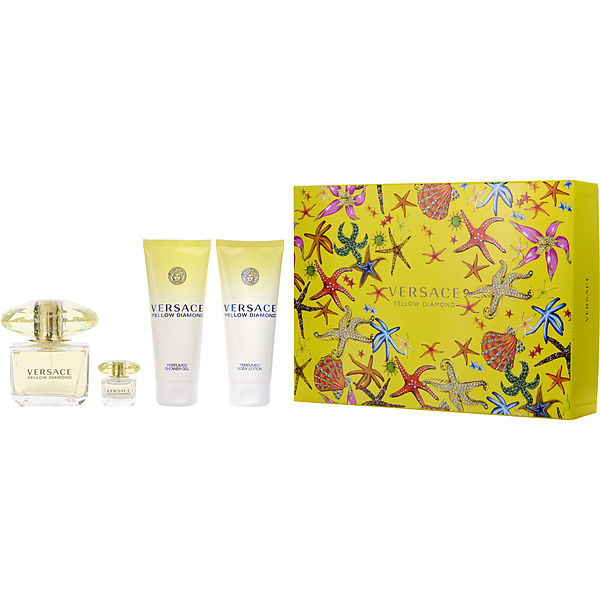 Versace Yellow Diamond Eau De Toilette Spray 3 oz & Body Lotion 3.4 oz & Shower Gel 3.4 oz & Eau De Toilette 0.17 oz Mini