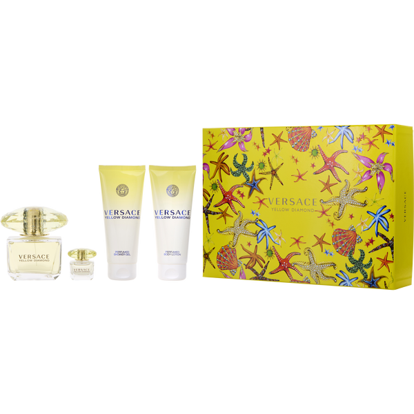 Versace Yellow Diamond Eau De Toilette Spray 3 oz & Body Lotion 3.4 oz & Shower Gel 3.4 oz & Eau De Toilette 0.17 oz Mini