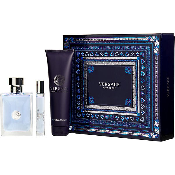 Versace Pour Homme Eau De Toilette Spray 3.4 oz & Hair And Body Shampoo 5 oz & Eau De Toilette Spray 0.33 oz Mini
