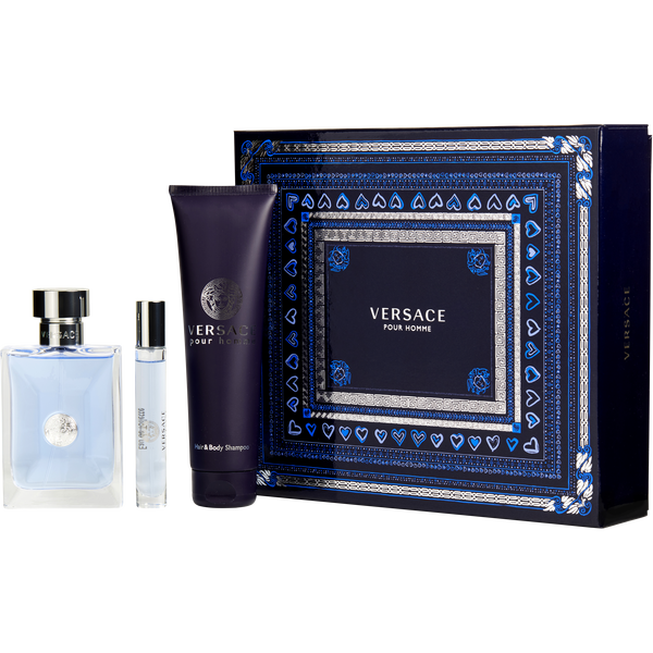 Versace Pour Homme Eau De Toilette Spray 3.4 oz & Hair And Body Shampoo 5 oz & Eau De Toilette Spray 0.33 oz Mini