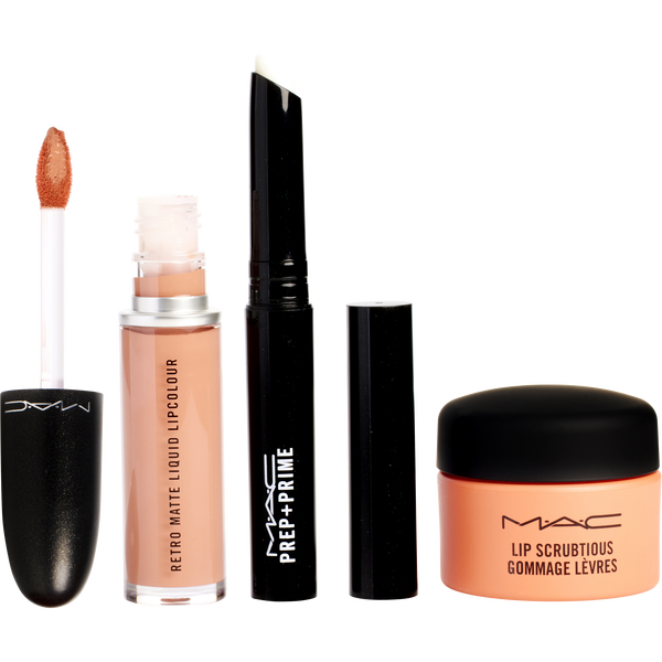 Mac Lip Kit Neutral Travel: Lip Scrubtious + Prep+Prime Lip + Retro Matte Liquid Lipcolour -Neutral