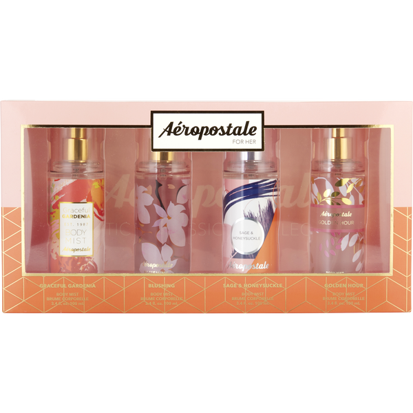 Aeropostale Variety 4 Piece Variety With Graceful Gardenia & Blushing & Sag Honeysuckle & Golden Hour And All Are Body Mist 3.4 oz
