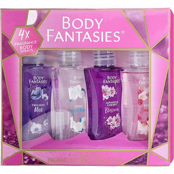 Body Fantasies Variety 4 Piece Set With Japanese Cherry Blossom & Fresh White Musk & Twilight Mist & Sweet Sunrise And All Are Body Spray 1.7 oz