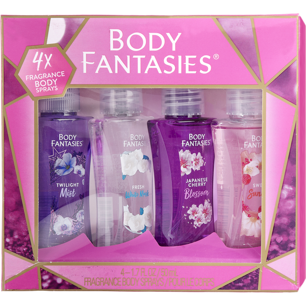 Body Fantasies Variety 4 Piece Set With Japanese Cherry Blossom & Fresh White Musk & Twilight Mist & Sweet Sunrise And All Are Body Spray 1.7 oz
