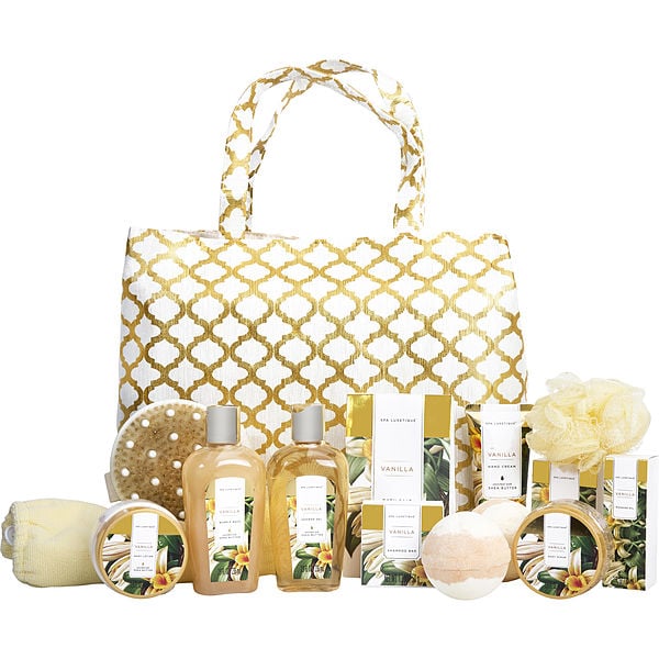 Spa Luxetique Vanilla Fashion Bath Tote: Shower Gel + Bubble Bath + Bath Salt + Body Scrub + Hand Cream + Body Lotion + Massage Oil + Shampoo Bar + Soap + 2x Bath Bombs + Bath Loofah + Body Brush + Hair Drying Towel + Tote Bag --13pcs + Bag