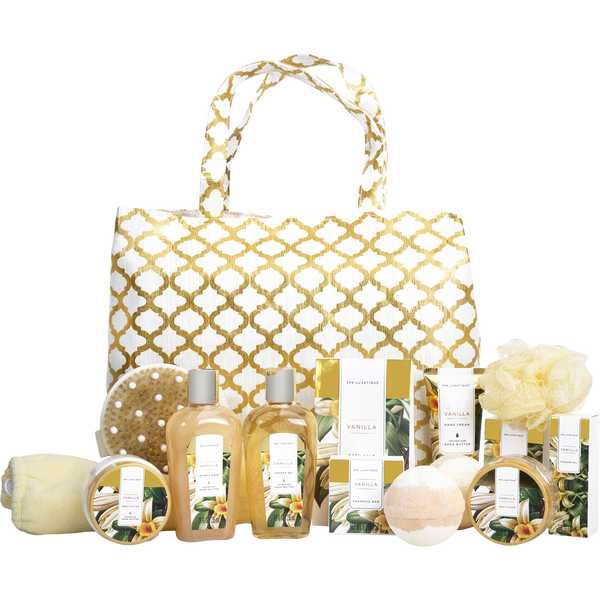 Spa Luxetique Vanilla Fashion Bath Tote: Shower Gel + Bubble Bath + Bath Salt + Body Scrub + Hand Cream + Body Lotion + Massage Oil + Shampoo Bar + Soap + 2x Bath Bombs + Bath Loofah + Body Brush + Hair Drying Towel + Tote Bag --13pcs + Bag
