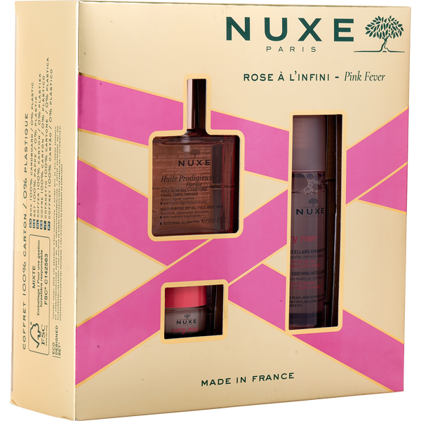 Nuxe Pink Fever Set: Huile Prodigieuse Florale 50ml + Very Rose Soothing Micellar Water 3-In-1 100ml + Very Rose Lip Balm With Rose 15ml --3pcs