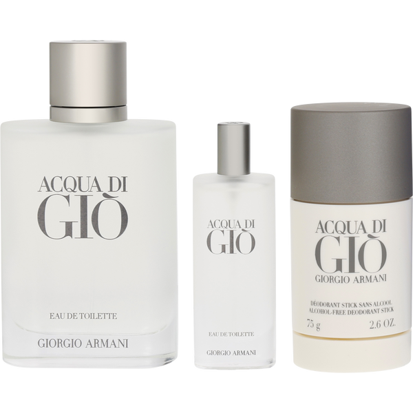Acqua Di Gio Eau De Toilette Spray 3.4 oz & Alcohol Free Deodorant Stick 2.6 oz & Eau De Toilette Spray 0.5 oz