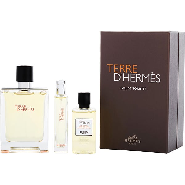Terre d'Hermes Eau De Toilette Spray 3.3 oz & Hair And Body Shower Gel 1.35 oz & Eau De Toilette Spray 0.5 oz Mini & Bag