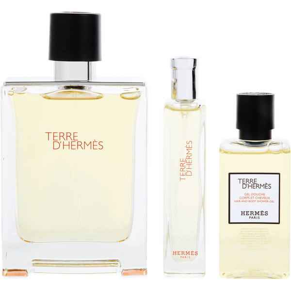 Terre d'Hermes Eau De Toilette Spray 3.3 oz & Hair And Body Shower Gel 1.35 oz & Eau De Toilette Spray 0.5 oz Mini & Bag