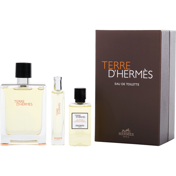 Terre d'Hermes Eau De Toilette Spray 3.3 oz & Hair And Body Shower Gel 1.35 oz & Eau De Toilette Spray 0.5 oz Mini & Bag