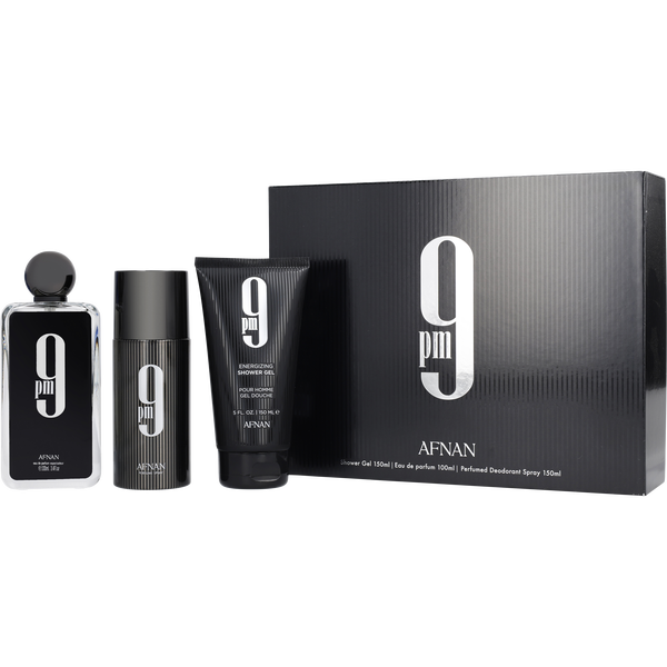 Afnan 9 Pm Eau De Parfum Spray 3.4 oz & Shower Gel 5 oz & Deodorant Spray 5 oz