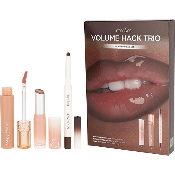 Rom&Nd Volume Hack Trio: Lip Mate Pencil 0.5g + Glasting Melting Balm 3.5g + Glasting Color Gloss 4g - Mocha Mousse --3pcs