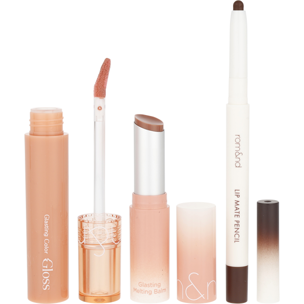 Rom&Nd Volume Hack Trio: Lip Mate Pencil 0.5g + Glasting Melting Balm 3.5g + Glasting Color Gloss 4g - Mocha Mousse --3pcs