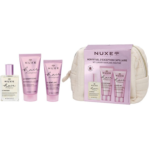 Nuxe Hair Prodigieux High Shine Shampoo 1.7 oz & High Shine Conditioner 1.7 oz & Hair Prodigieux Pre Shampoo Nourishing Mask 1 oz & Bag