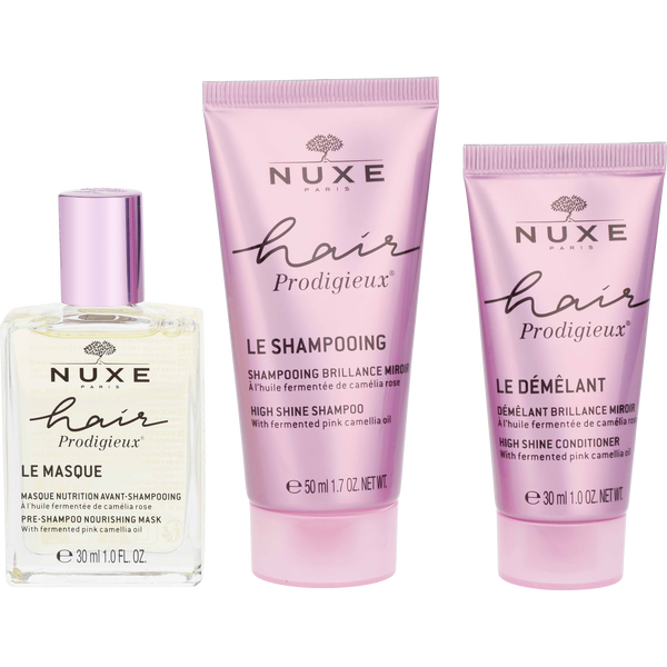 Nuxe Hair Prodigieux High Shine Shampoo 1.7 oz & High Shine Conditioner 1.7 oz & Hair Prodigieux Pre Shampoo Nourishing Mask 1 oz & Bag